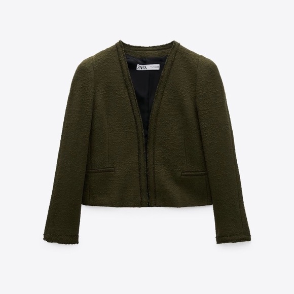 Zara Green Open Front Texture Padded Shoulder Blazer